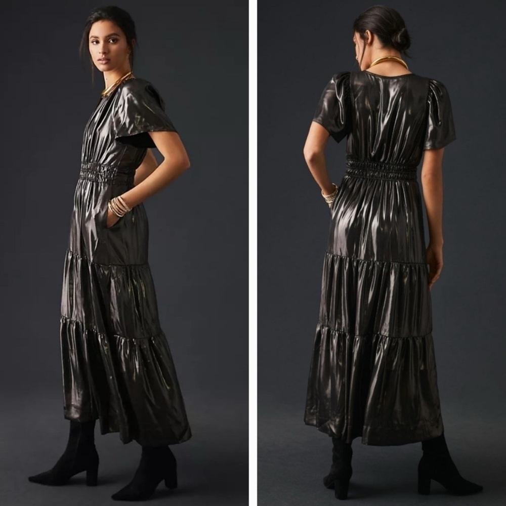 Anthropologie Black Flutter Sleeve V-Neck Maxi Gown